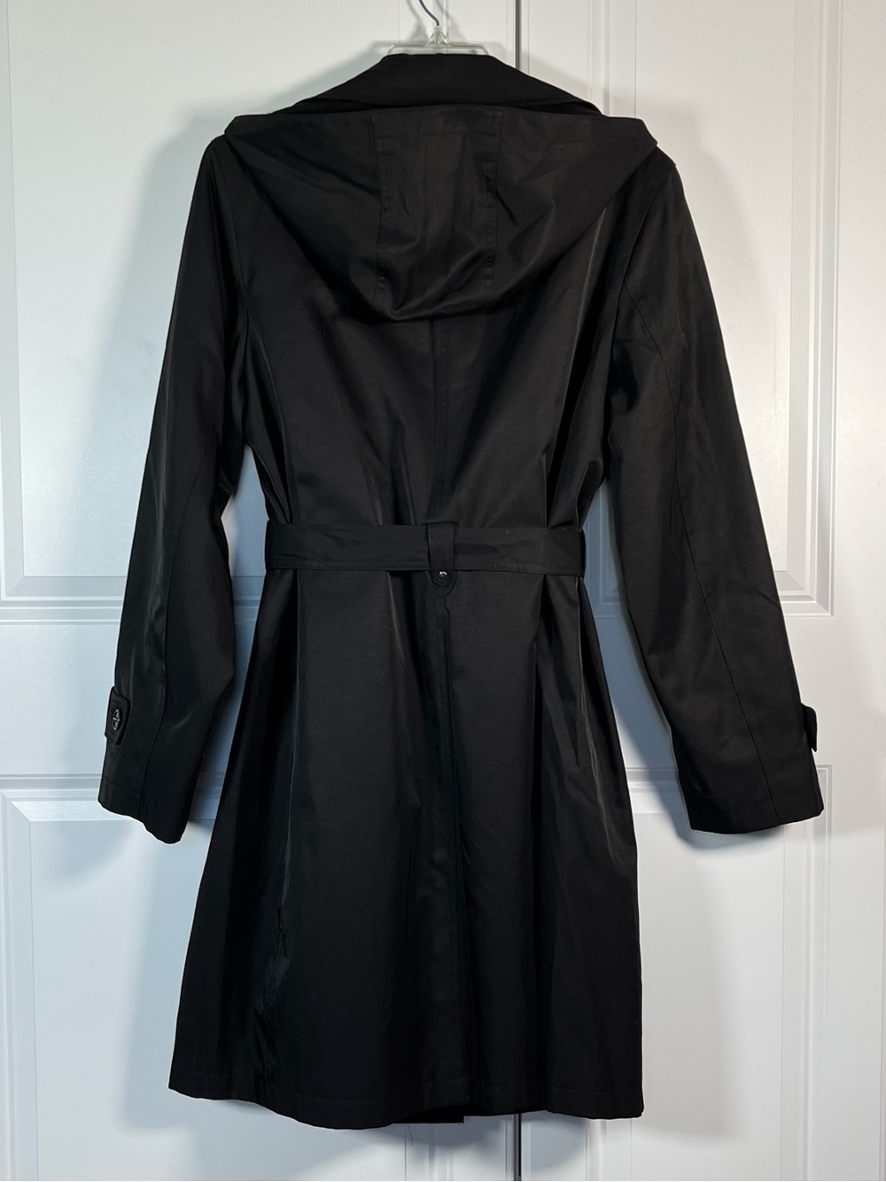 Gallery Trench Coat Size L Black Hooded Belted Removable Hood & Lining - Picture 6 of 13
